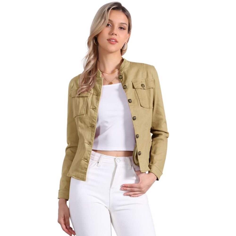 Casual Denim Jacket Classic Stand Collar Long Sleeve Jean Jacket Khaki